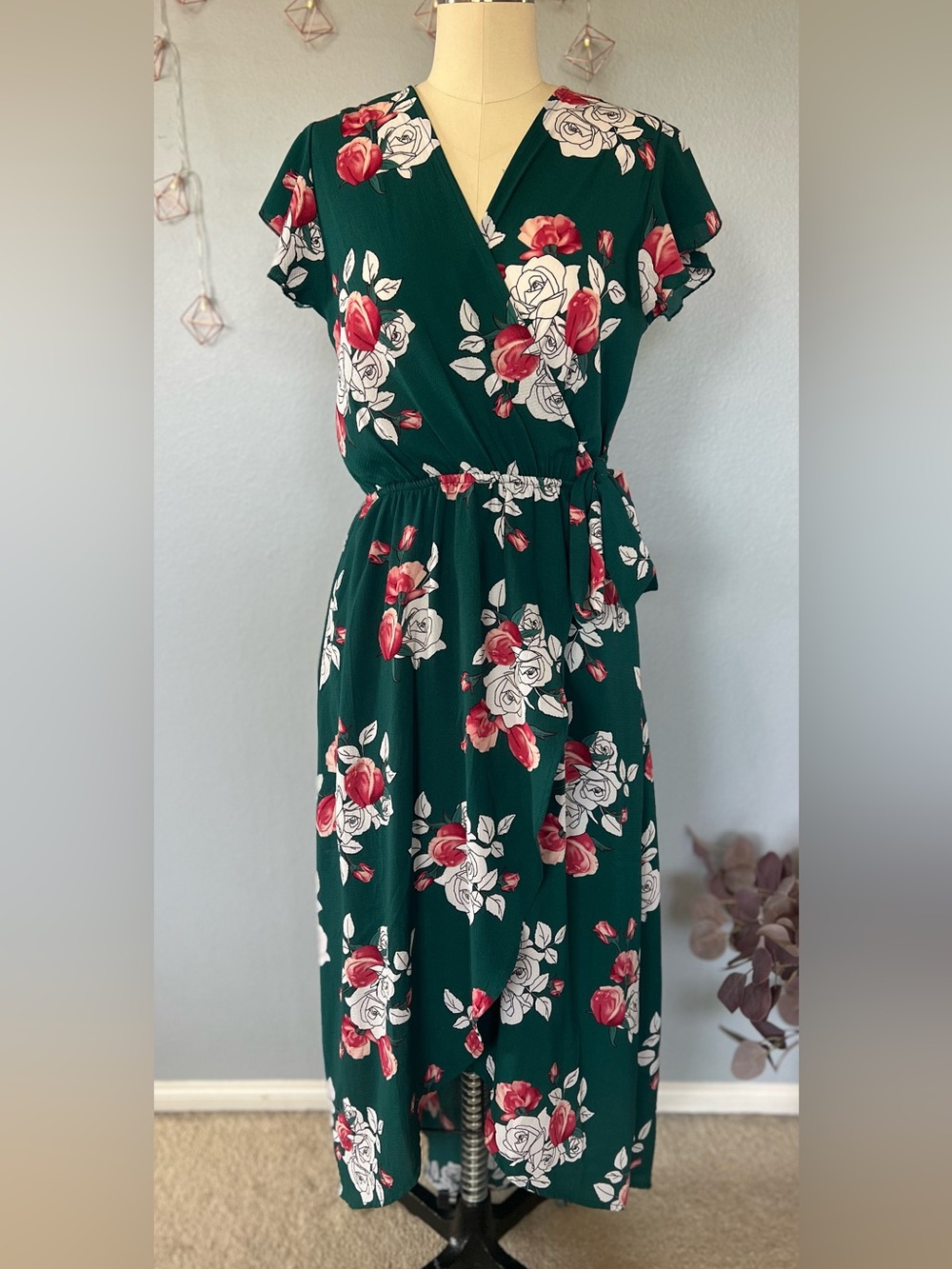 Floral Wrap High-Low Dress in Emerald Green